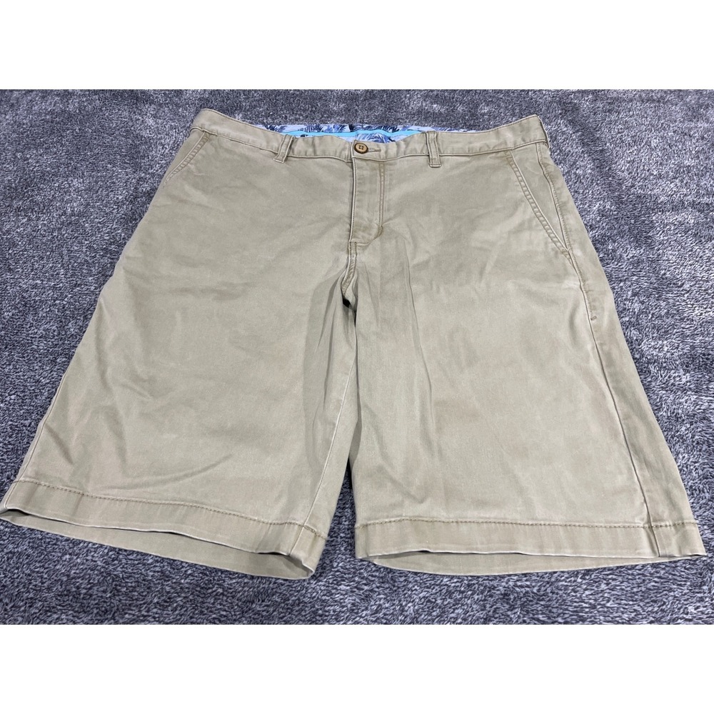 Tommy Bahama Mens 34 Khaki Tan Chino Shorts Cotton Tencel Stretch Flat Front